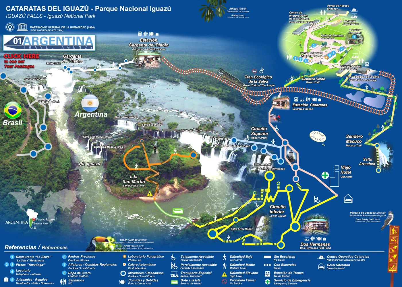 Detailed map of Iguazu Falls National Park on the border between Argentina and Brazil, showing the Devil's Throat and its walkway, the Upper and Lower Circuits, San Martin Island, the three stations of the Ecological Jungle Train, the Macuco and Green trails, the Iguazu river, the Argentine and Brazilian sides of the falls, and a reference key with accessibility levels, restaurants, toilets and viewpoints