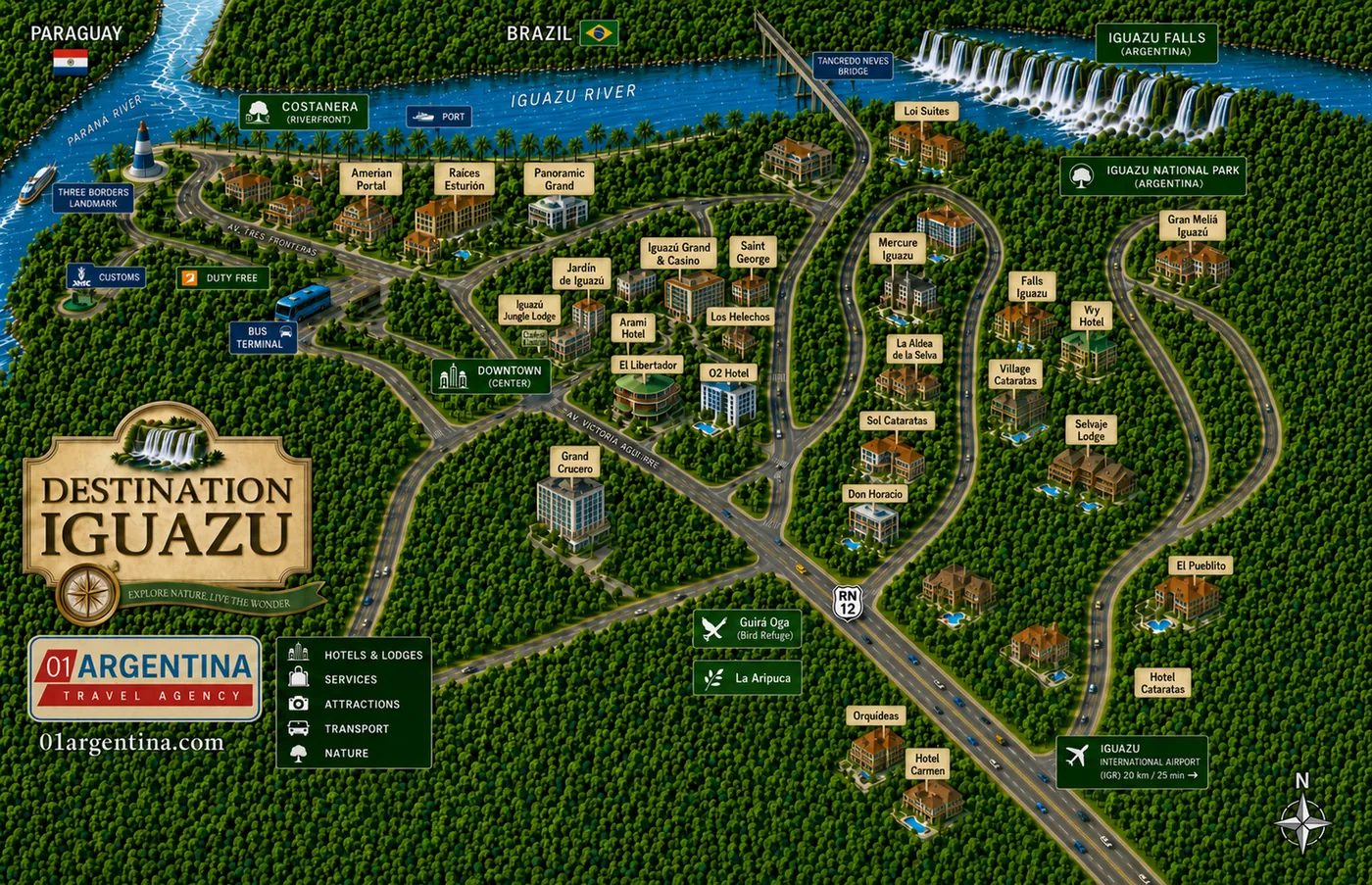 Illustrated map of the town of Puerto Iguazu, Argentina, showing the hotel zone along Route 12, the town centre and its port, the road out to Iguazu Falls National Park, the Cataratas del Iguazu international airport, the Tancredo Neves bridge across the Iguazu river into Brazil, the crossing over the Parana river into Paraguay, and the Three Borders Landmark where the two rivers meet