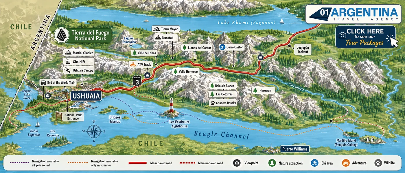 Illustrated map of Ushuaia and southern Tierra del Fuego showing Route 3, Tierra del Fuego National Park and Bahia Lapataia to the west, the Beagle Channel with the Les Eclaireurs lighthouse and the Bridges Islands to the south, Martillo Island and its penguin colony to the east, Lake Khami (Fagnano) to the north, and Puerto Williams in Chile on the far shore
