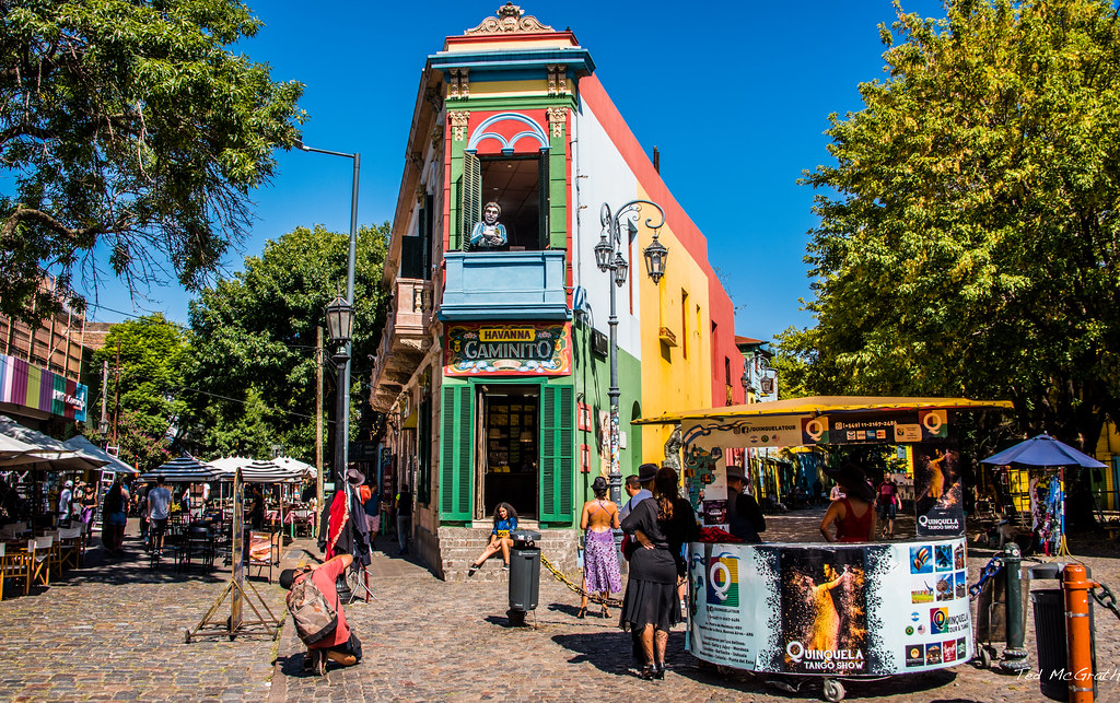 The colourful houses and street cafes of Caminito in La Boca, Buenos Aires