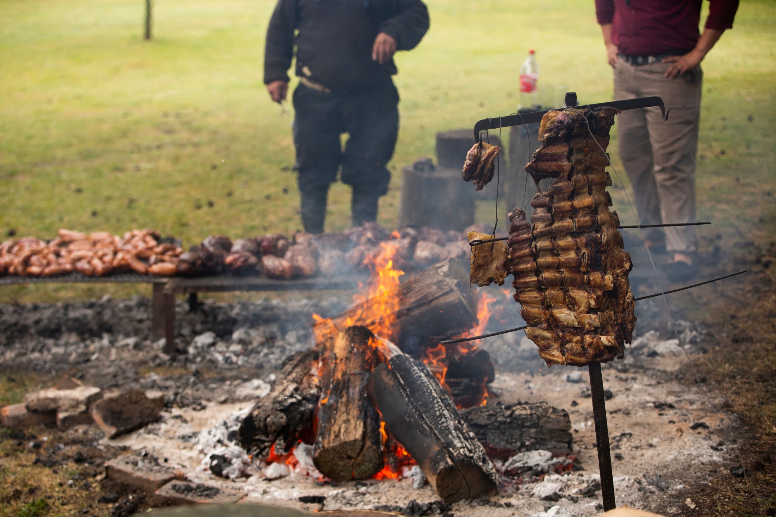 Lamb and ribs roasting on iron crosses over an open fire at an Argentine asado