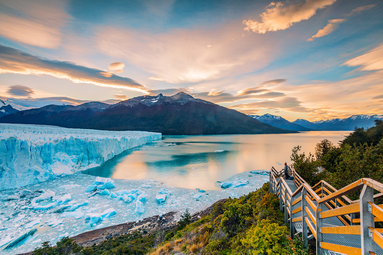 The boardwalks of the Perito Moreno Glacier at sunset over Lago Argentino