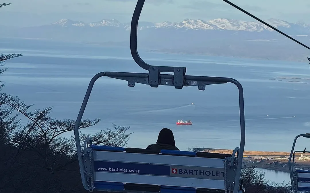 Ushuaia and the Beagle Channel seen from the chairlift on Cerro Martial