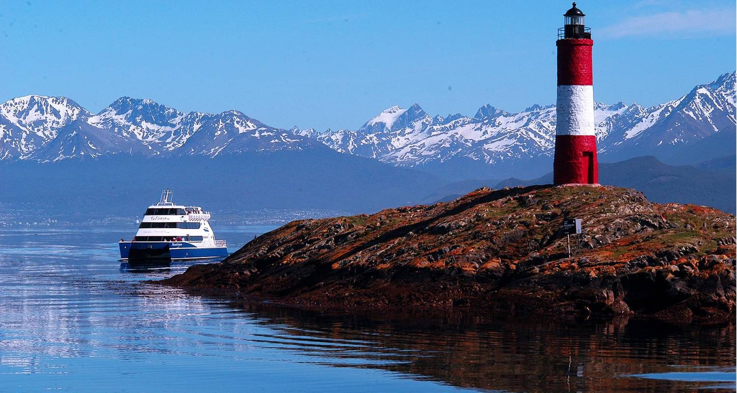A catamaran on the Beagle Channel near the Les Eclaireurs lighthouse, Ushuaia