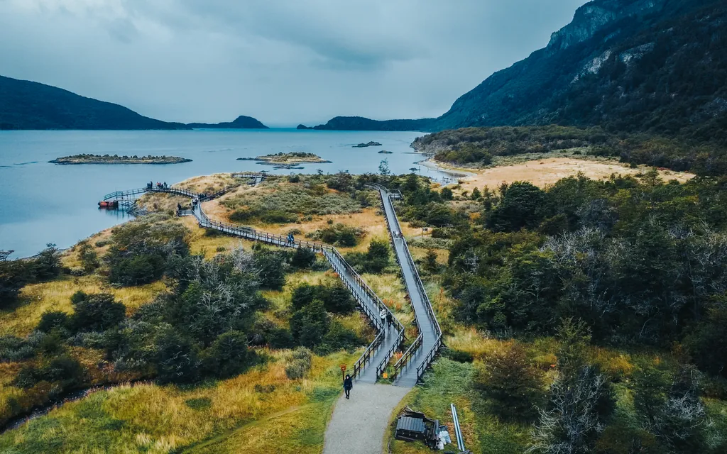 Aerial view of Lapataia Bay with the wooden boardwalk running down to the water, Tierra del Fuego National Park