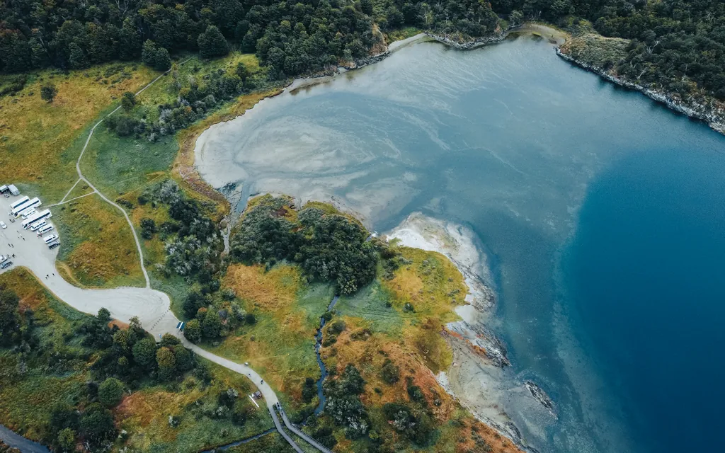 Aerial view of the lagoon and pale shoreline at Lapataia, Tierra del Fuego National Park