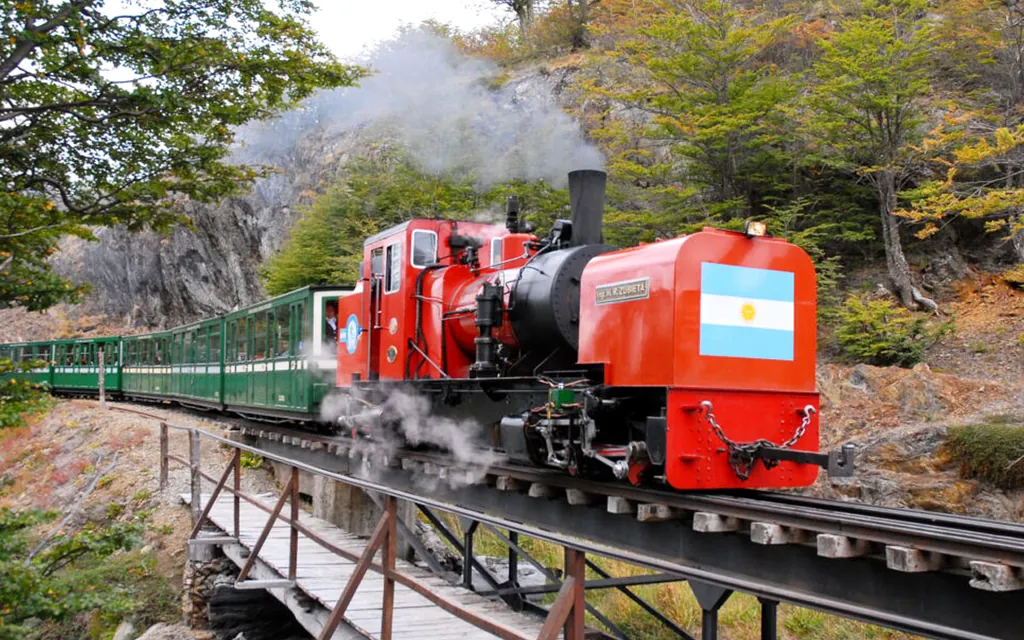 The End of the World Train crossing a bridge inside Tierra del Fuego National Park